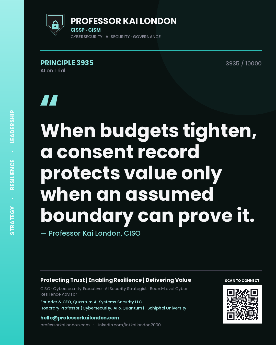 Quote card by Professor Kai London reading 'When budgets tighten, a consent record protects value only when an assumed boundary can prove it.'. From the book AI on Trial.