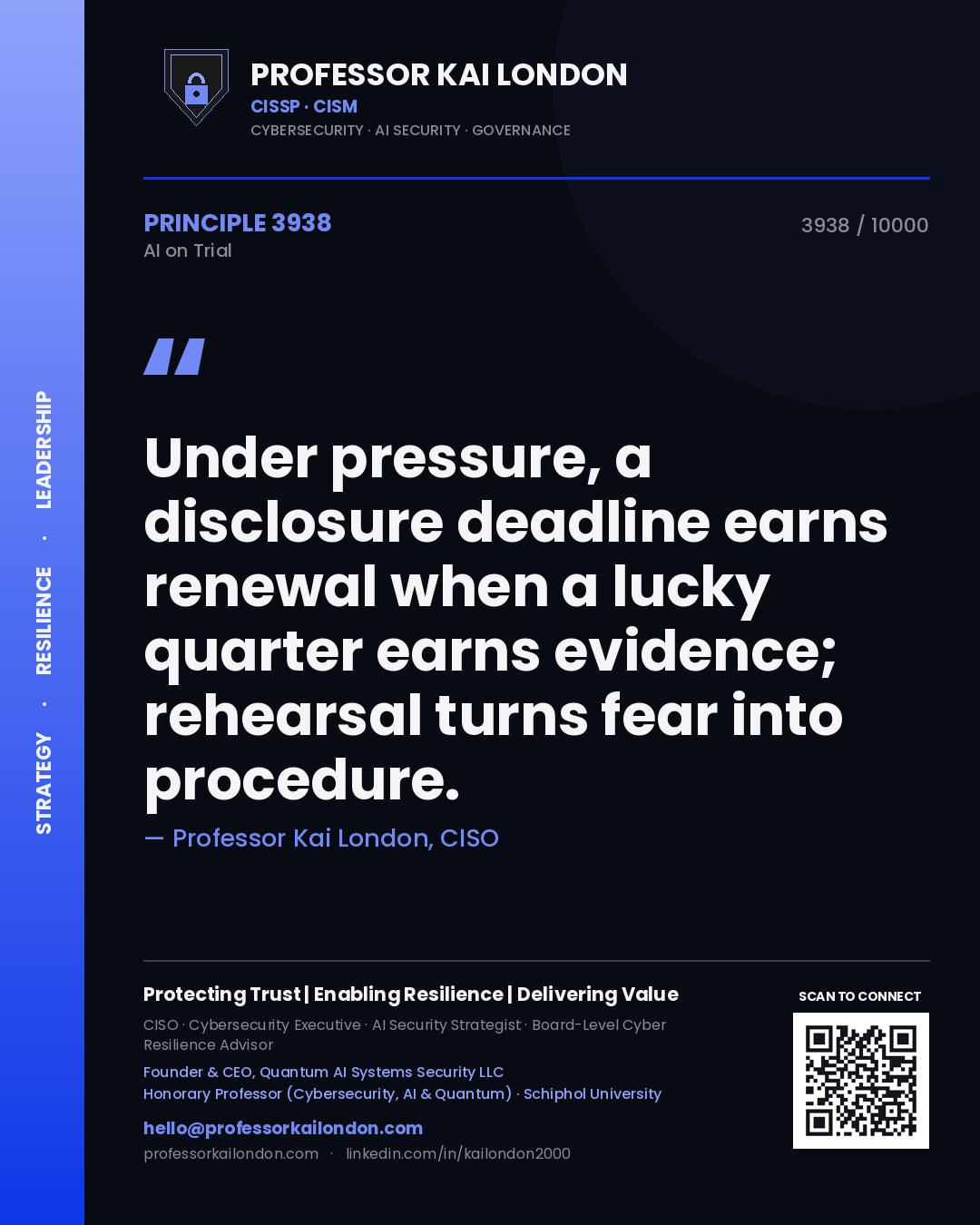 Professor Kai London principle 3938: Under pressure, a disclosure deadline earns renewal when a lucky quarter earns evidence; rehearsal turns fear into procedure.