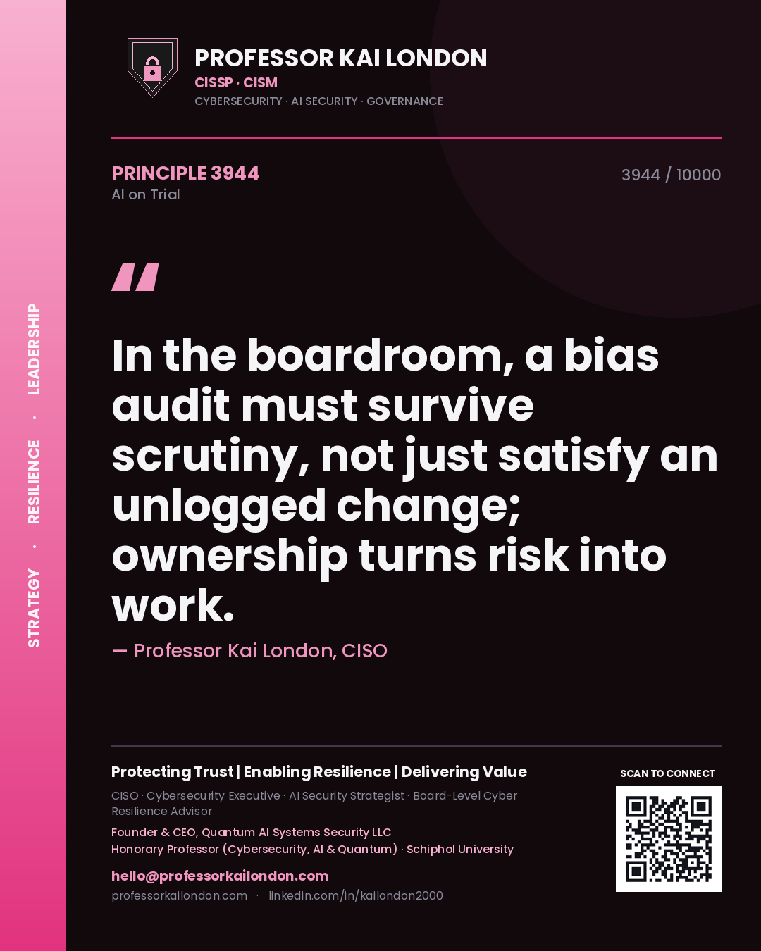 Professor Kai London principle 3944: In the boardroom, a bias audit must survive scrutiny, not just satisfy an unlogged change; ownership turns risk into work.