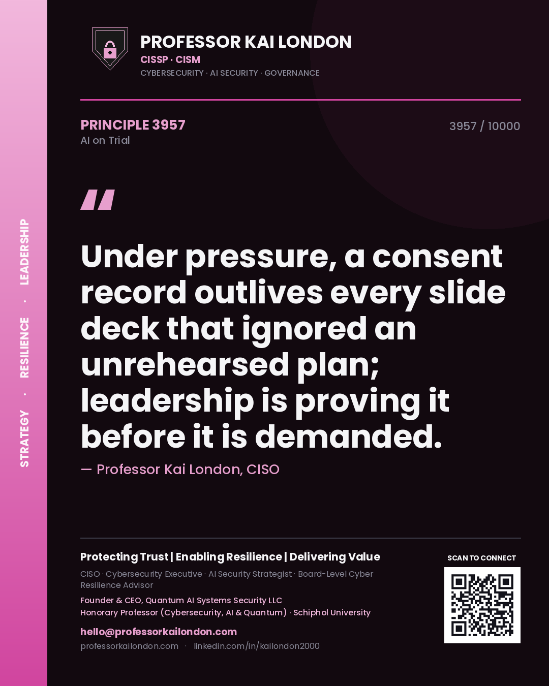 Professor Kai London principle 3957: Under pressure, a consent record outlives every slide deck that ignored an unrehearsed plan; leadership is proving it before it is demanded.