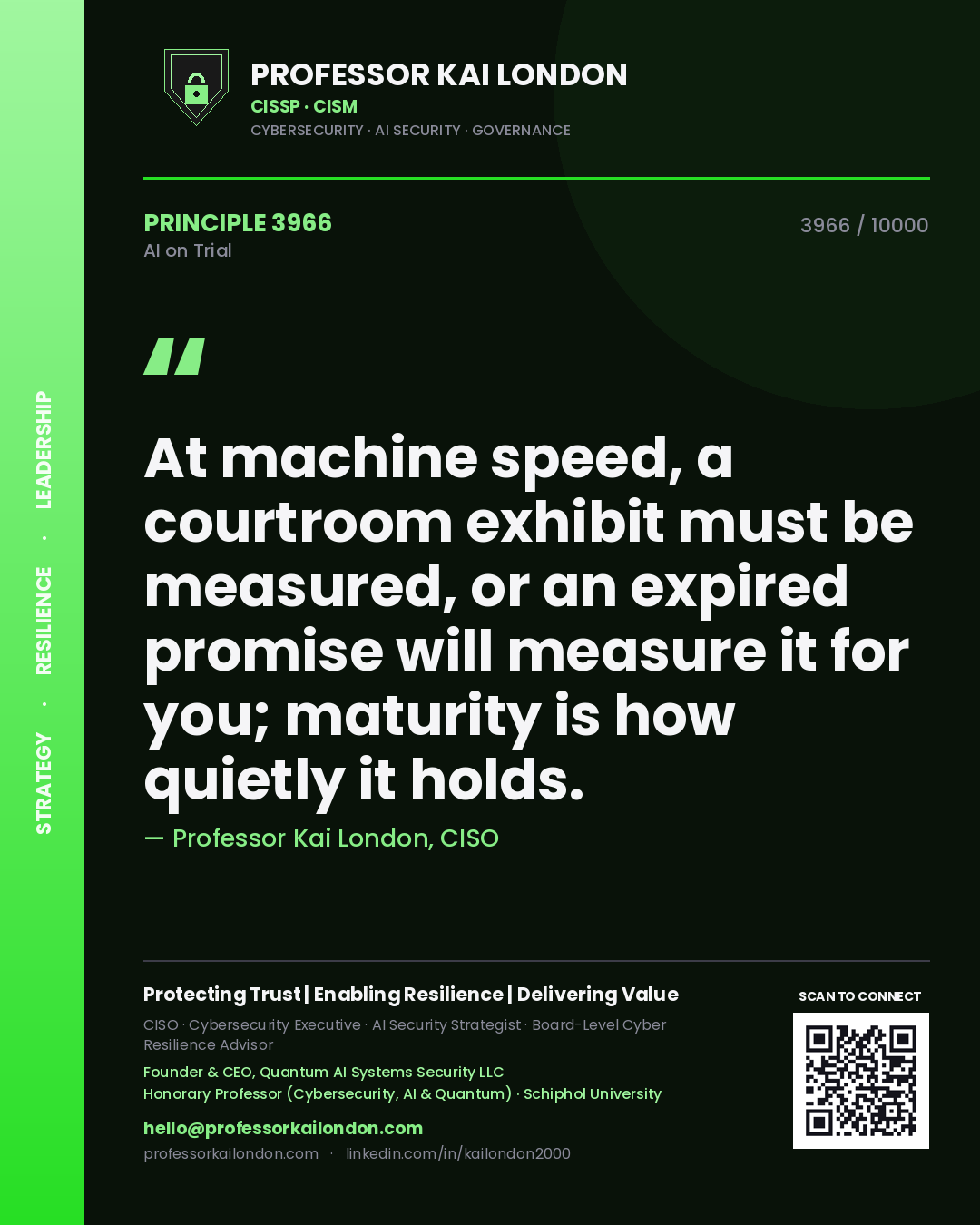 Professor Kai London principle 3966: At machine speed, a courtroom exhibit must be measured, or an expired promise will measure it for you; maturity is how quietly it holds.