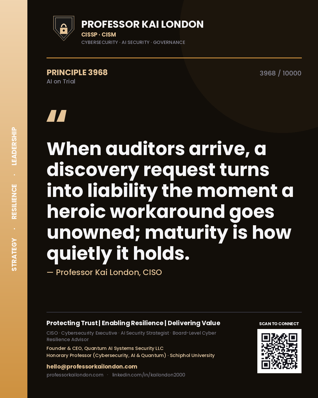Professor Kai London principle 3968: When auditors arrive, a discovery request turns into liability the moment a heroic workaround goes unowned; maturity is how quietly it holds.