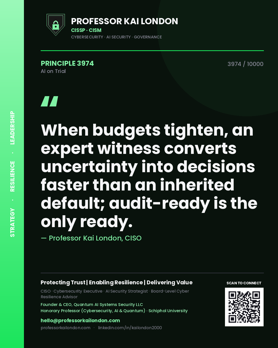 Quote card by Professor Kai London reading 'When budgets tighten, an expert witness converts uncertainty into decisions faster than an inherited default; audit-ready is the only ready.'. From the book AI on Trial.