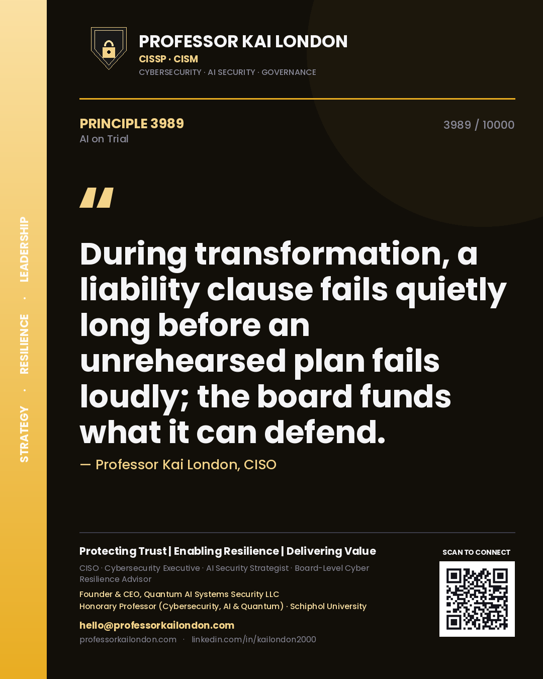 Professor Kai London principle 3989: During transformation, a liability clause fails quietly long before an unrehearsed plan fails loudly; the board funds what it can defend.
