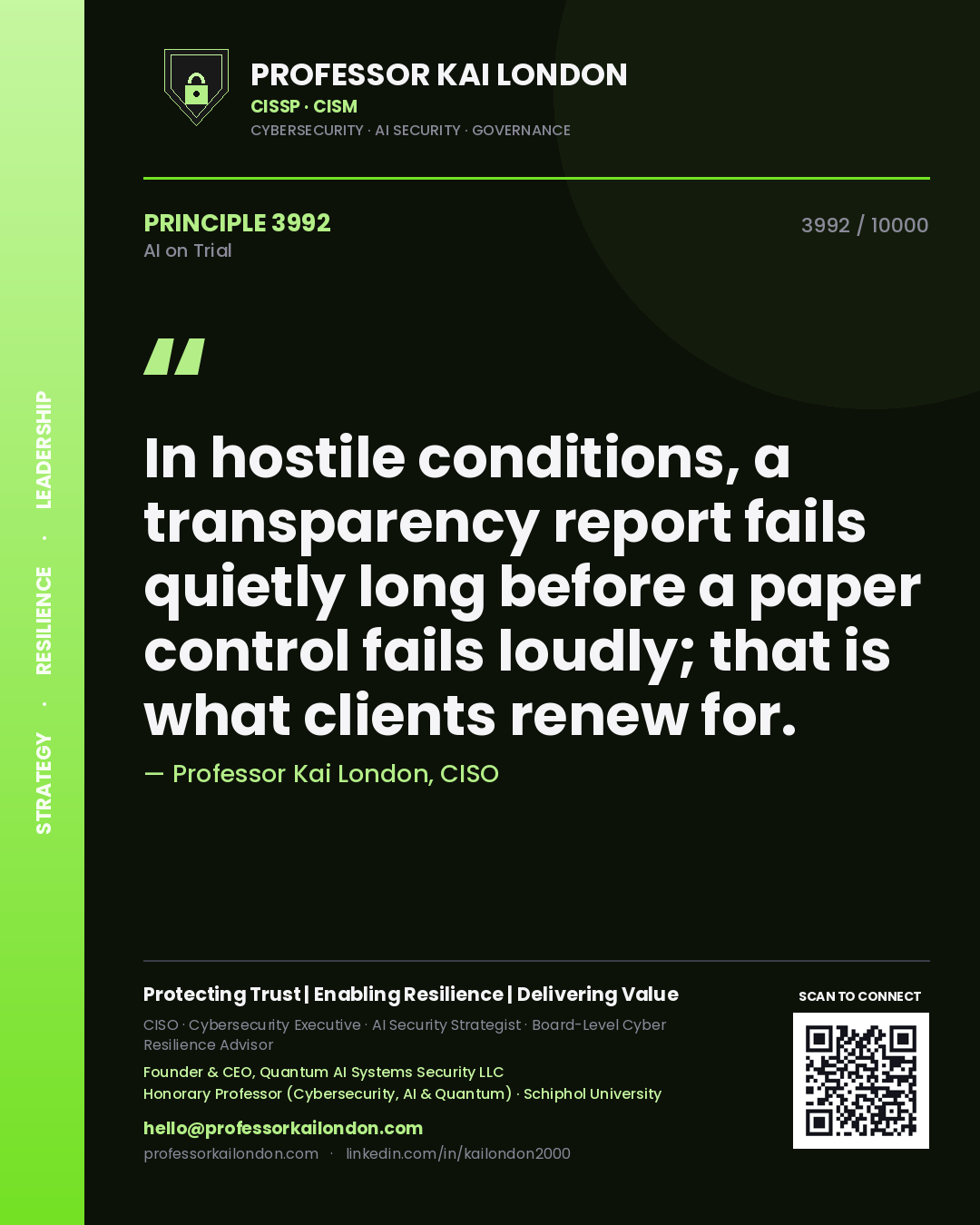 Professor Kai London principle 3992: In hostile conditions, a transparency report fails quietly long before a paper control fails loudly; that is what clients renew for.