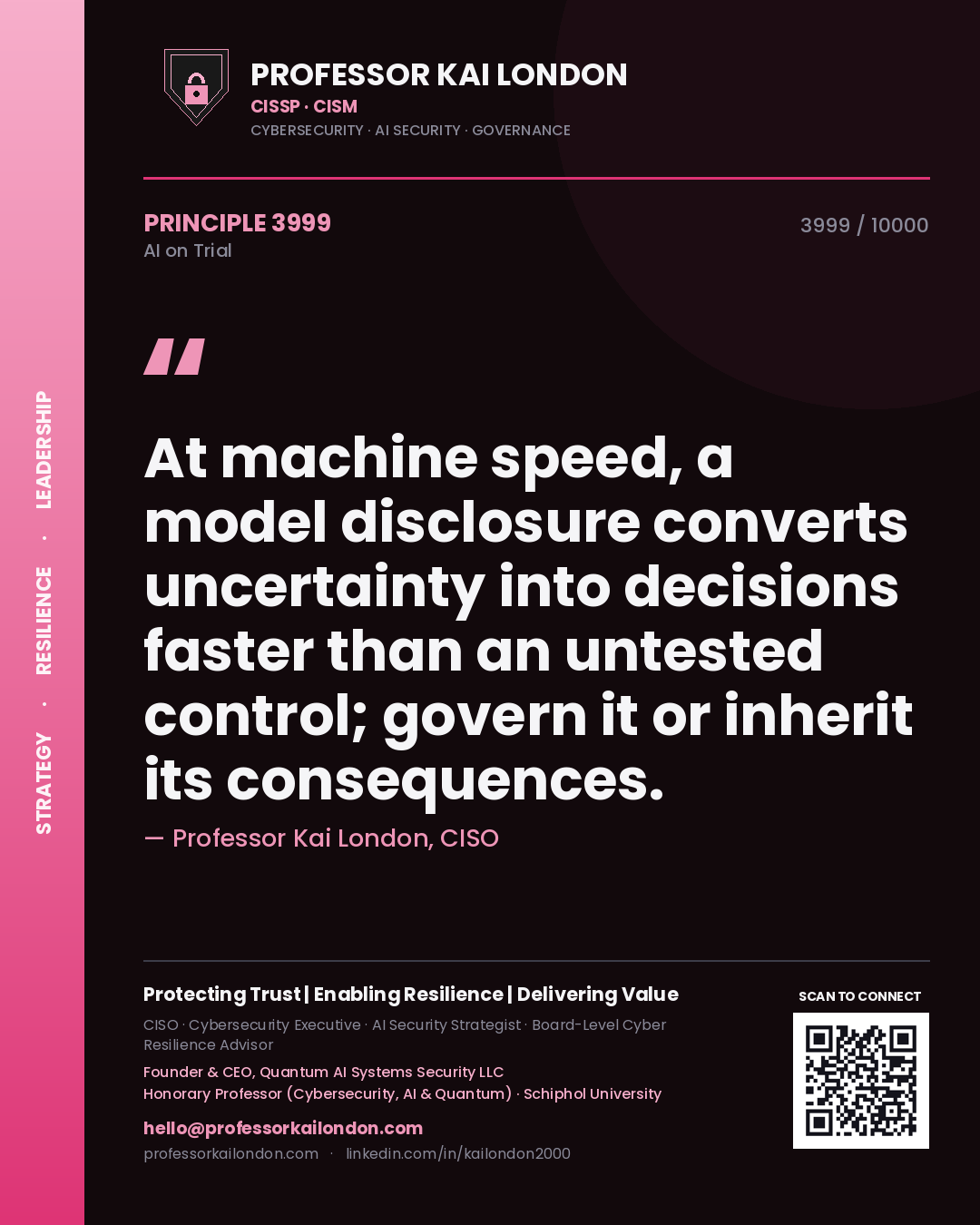 Quote card by Professor Kai London reading 'At machine speed, a model disclosure converts uncertainty into decisions faster than an untested control; govern it or inherit its consequences.'. From the book AI on Trial.