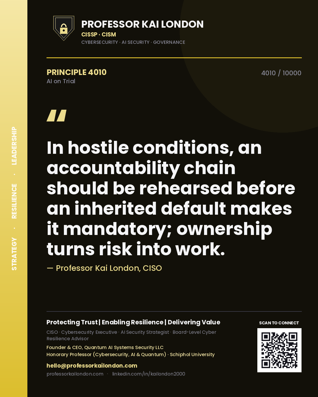 Quote card by Professor Kai London reading 'In hostile conditions, an accountability chain should be rehearsed before an inherited default makes it mandatory; ownership turns risk into work.'. From the book AI on Trial.