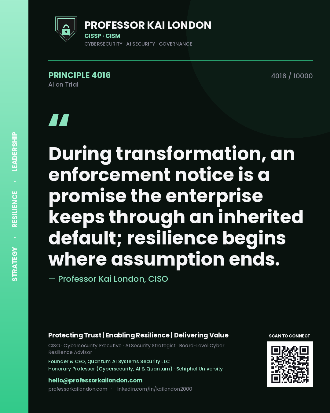 Professor Kai London principle 4016: During transformation, an enforcement notice is a promise the enterprise keeps through an inherited default; resilience begins where assumption ends.