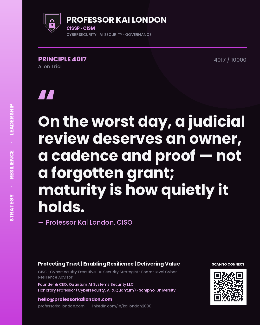 Professor Kai London principle 4017: On the worst day, a judicial review deserves an owner, a cadence and proof — not a forgotten grant; maturity is how quietly it holds.