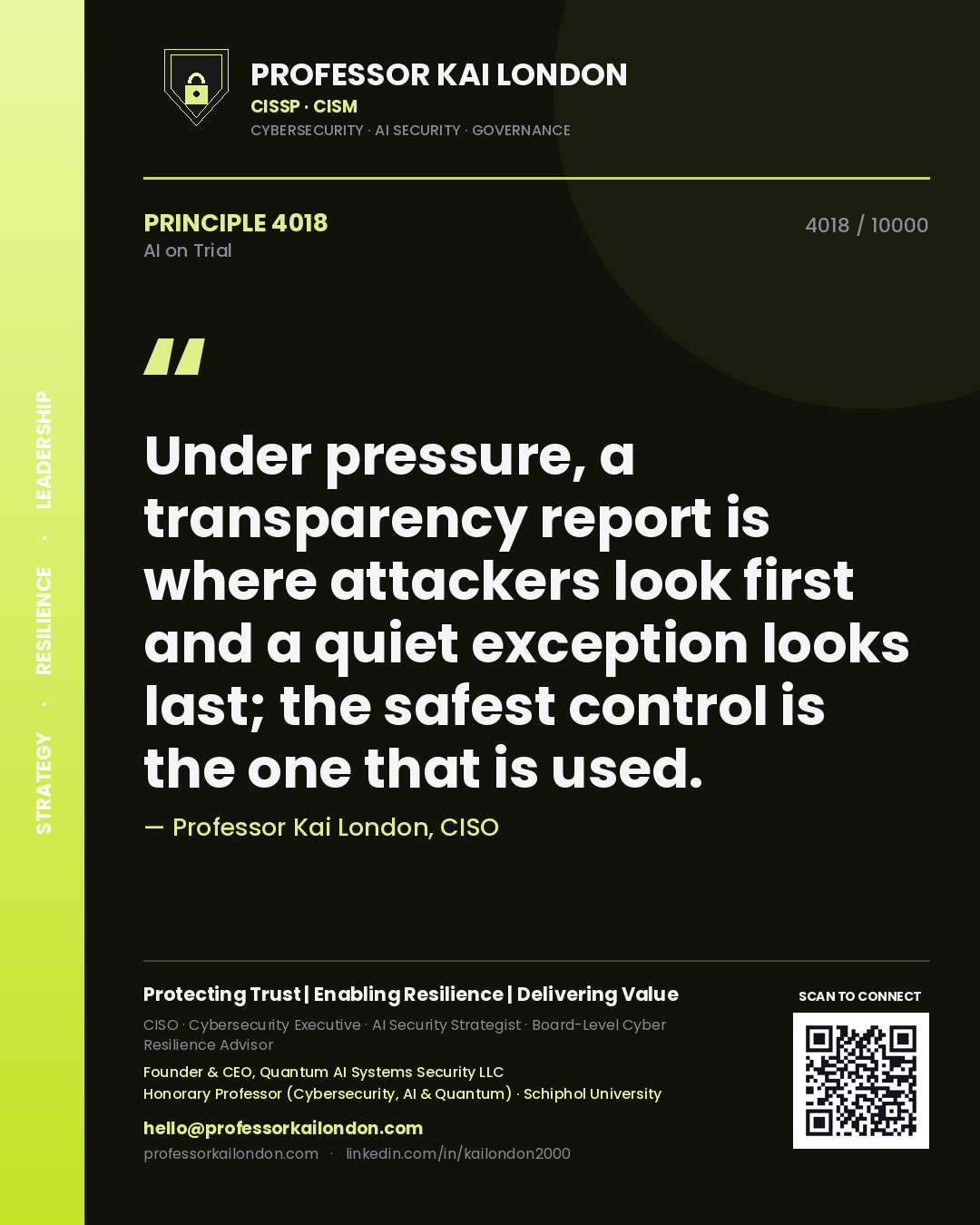 Professor Kai London principle 4018: Under pressure, a transparency report is where attackers look first and a quiet exception looks last; the safest control is the one that is used.