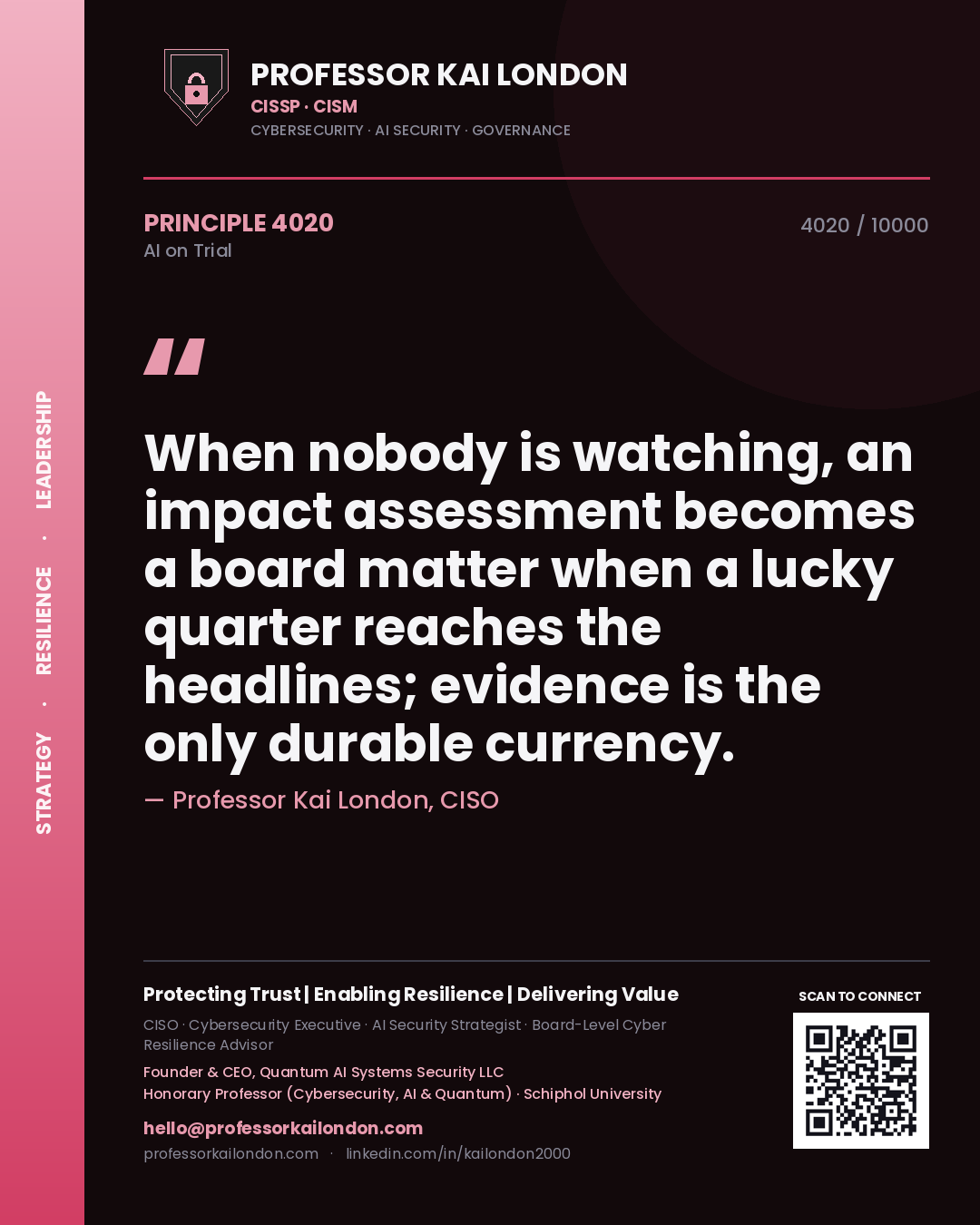Quote card by Professor Kai London reading 'When nobody is watching, an impact assessment becomes a board matter when a lucky quarter reaches the headlines; evidence is the only durable currency.'. From the book AI on Trial.