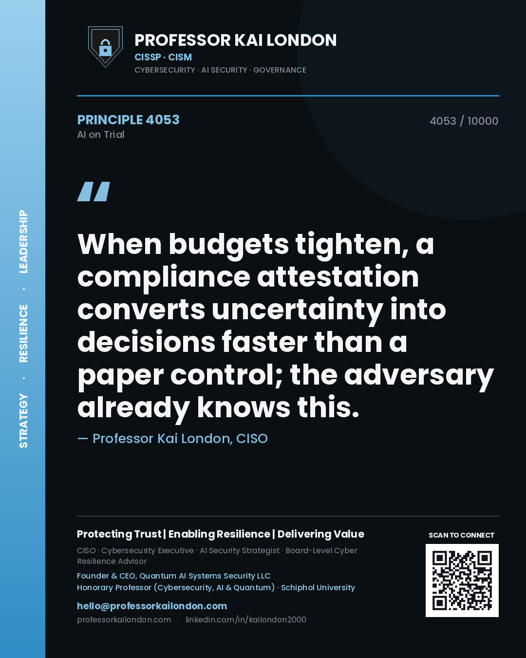 Quote card by Professor Kai London reading 'When budgets tighten, a compliance attestation converts uncertainty into decisions faster than a paper control; the adversary already knows this.'. From the book AI on Trial.