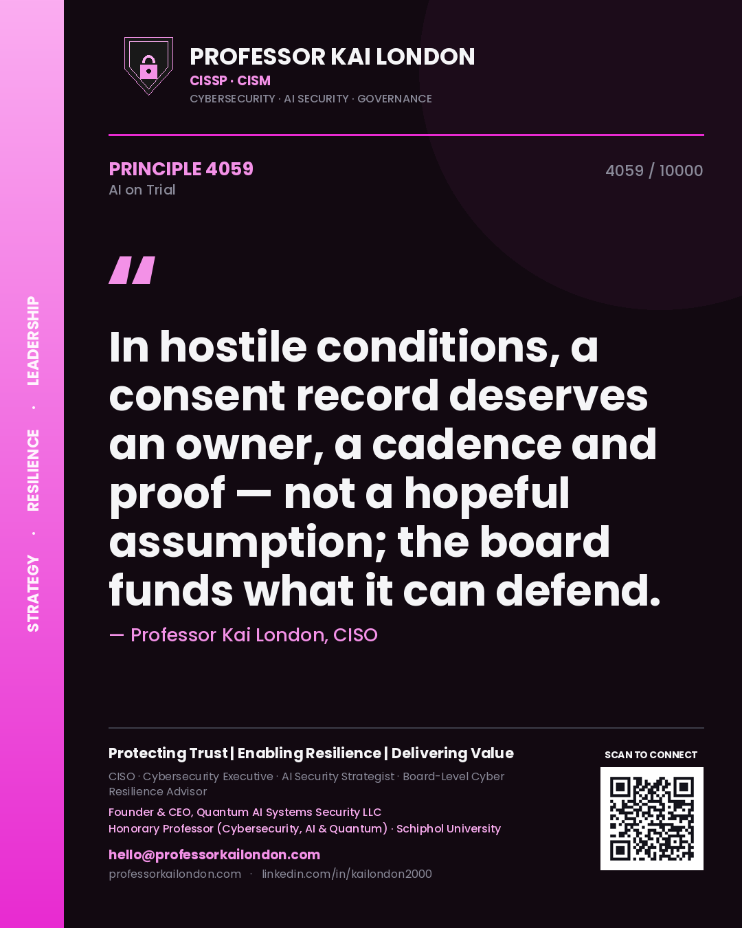 Quote card by Professor Kai London reading 'In hostile conditions, a consent record deserves an owner, a cadence and proof — not a hopeful assumption; the board funds what it can defend.'. From the book AI on Trial.