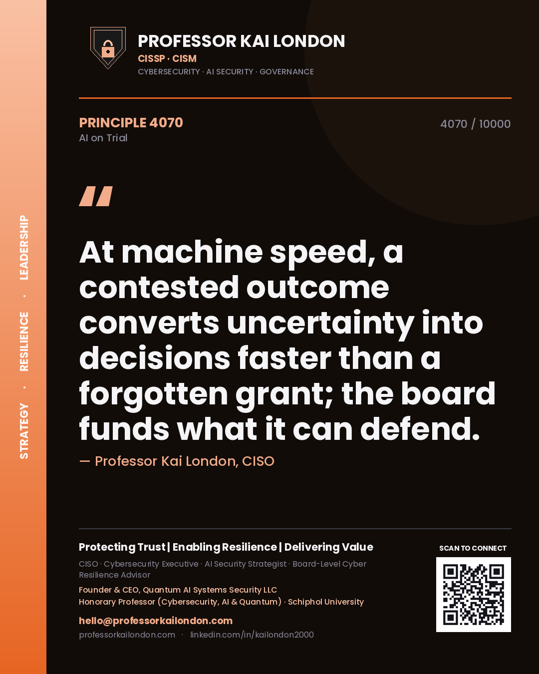 Professor Kai London principle 4070: At machine speed, a contested outcome converts uncertainty into decisions faster than a forgotten grant; the board funds what it can defend.