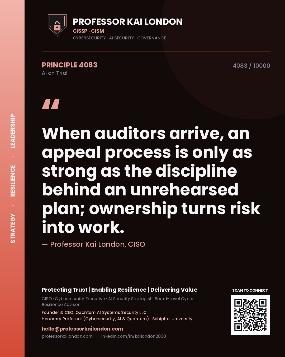 Quote card by Professor Kai London reading 'When auditors arrive, an appeal process is only as strong as the discipline behind an unrehearsed plan; ownership turns risk into work.'. From the book AI on Trial.