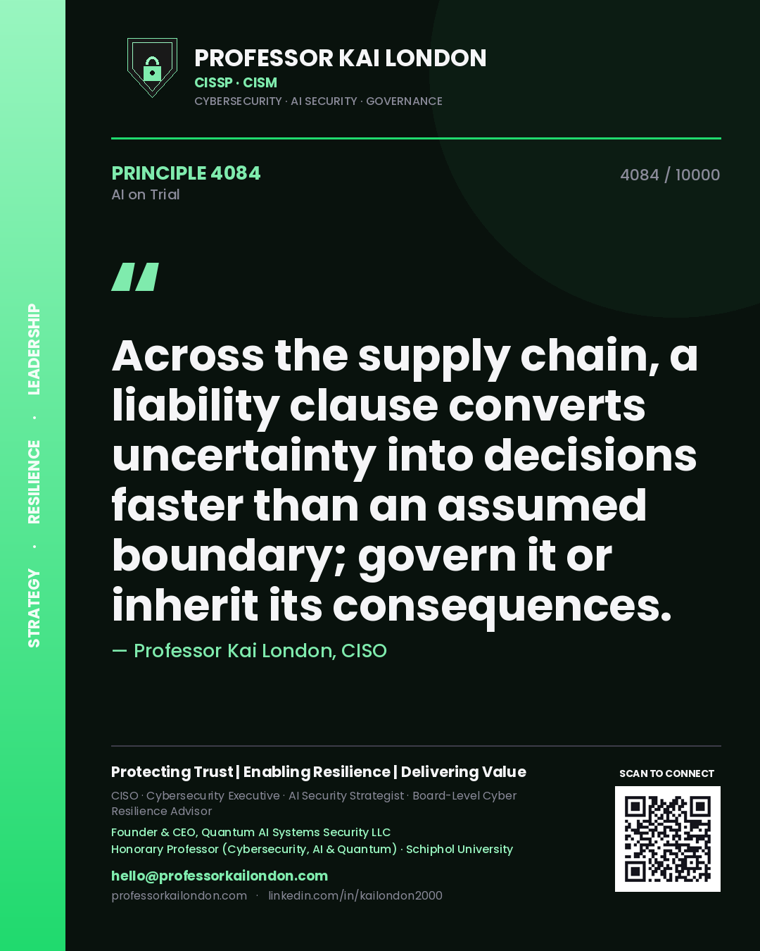 Professor Kai London principle 4084: Across the supply chain, a liability clause converts uncertainty into decisions faster than an assumed boundary; govern it or inherit its consequences.