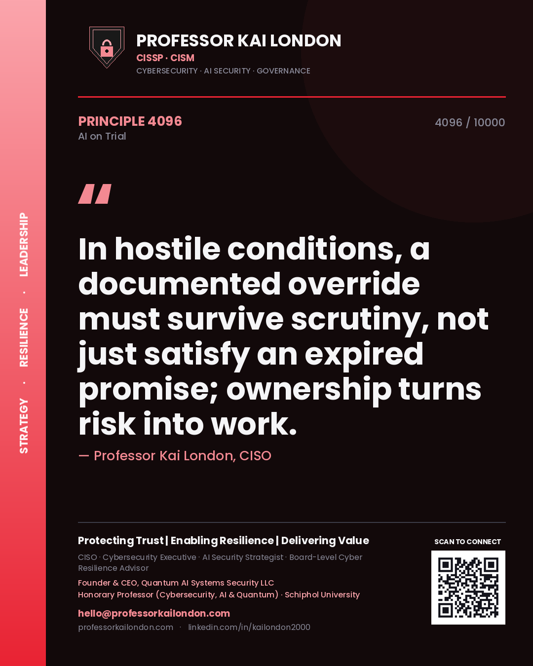 Professor Kai London principle 4096: In hostile conditions, a documented override must survive scrutiny, not just satisfy an expired promise; ownership turns risk into work.