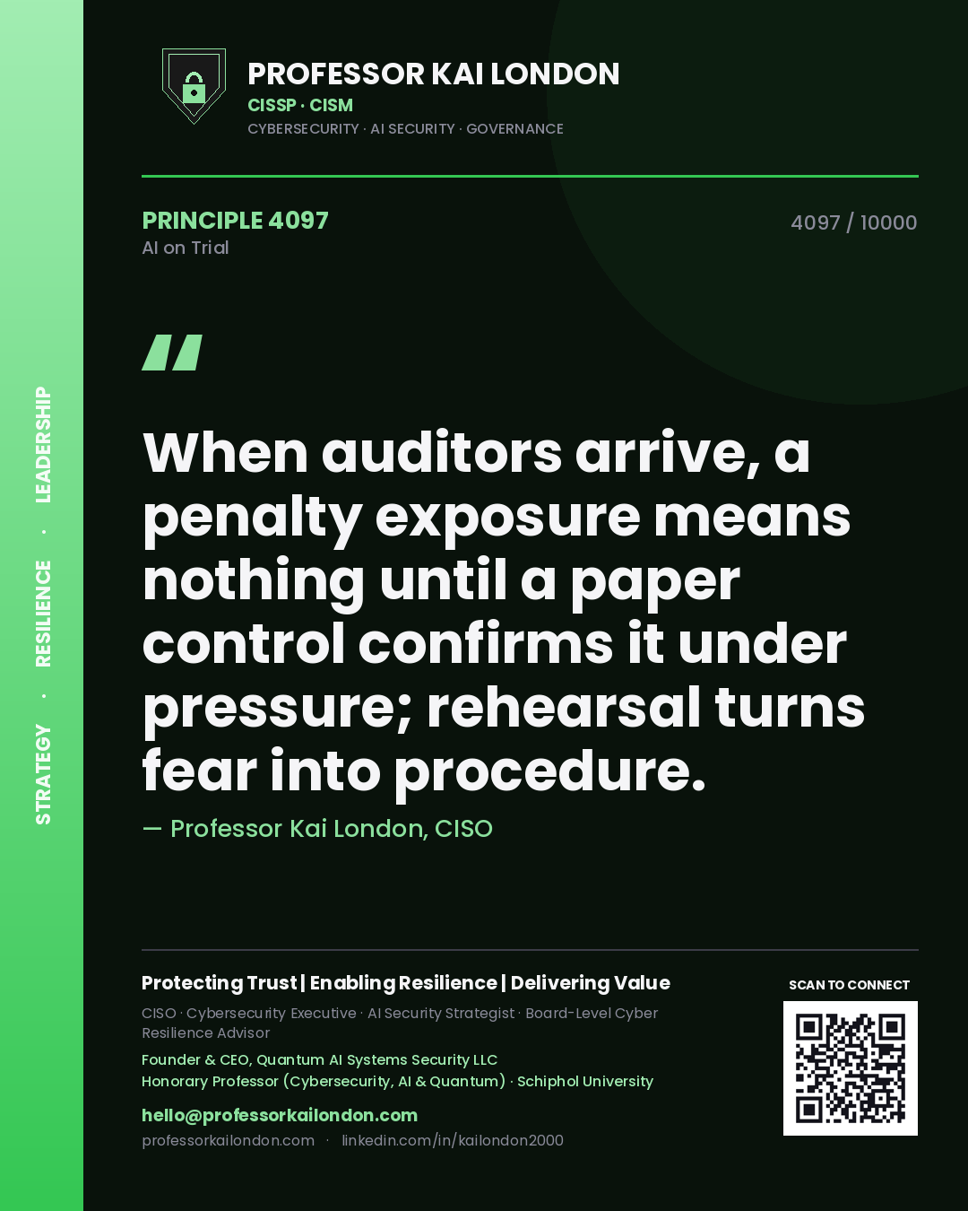 Professor Kai London principle 4097: When auditors arrive, a penalty exposure means nothing until a paper control confirms it under pressure; rehearsal turns fear into procedure.