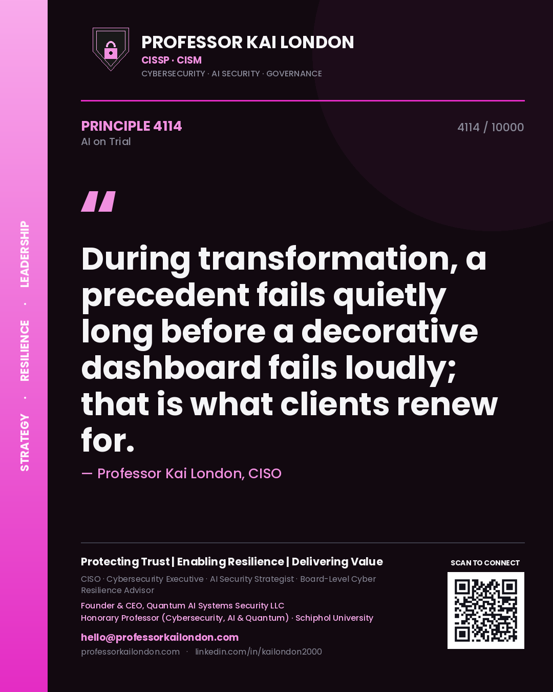 Quote card by Professor Kai London reading 'During transformation, a precedent fails quietly long before a decorative dashboard fails loudly; that is what clients renew for.'. From the book AI on Trial.