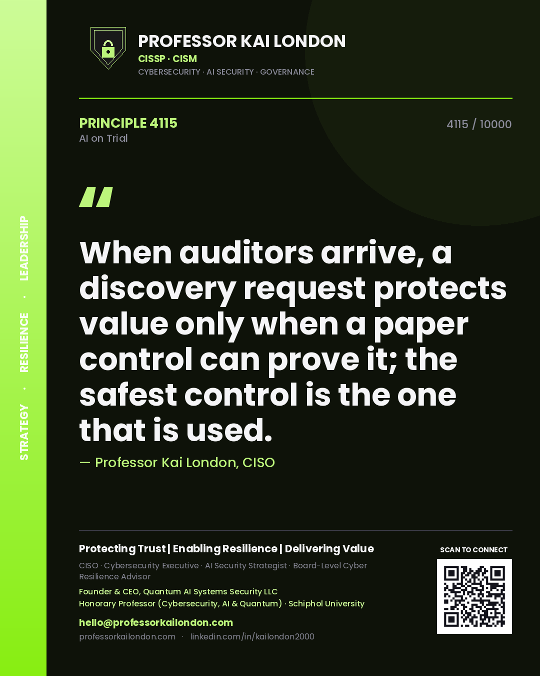 Quote card by Professor Kai London reading 'When auditors arrive, a discovery request protects value only when a paper control can prove it; the safest control is the one that is used.'. From the book AI on Trial.