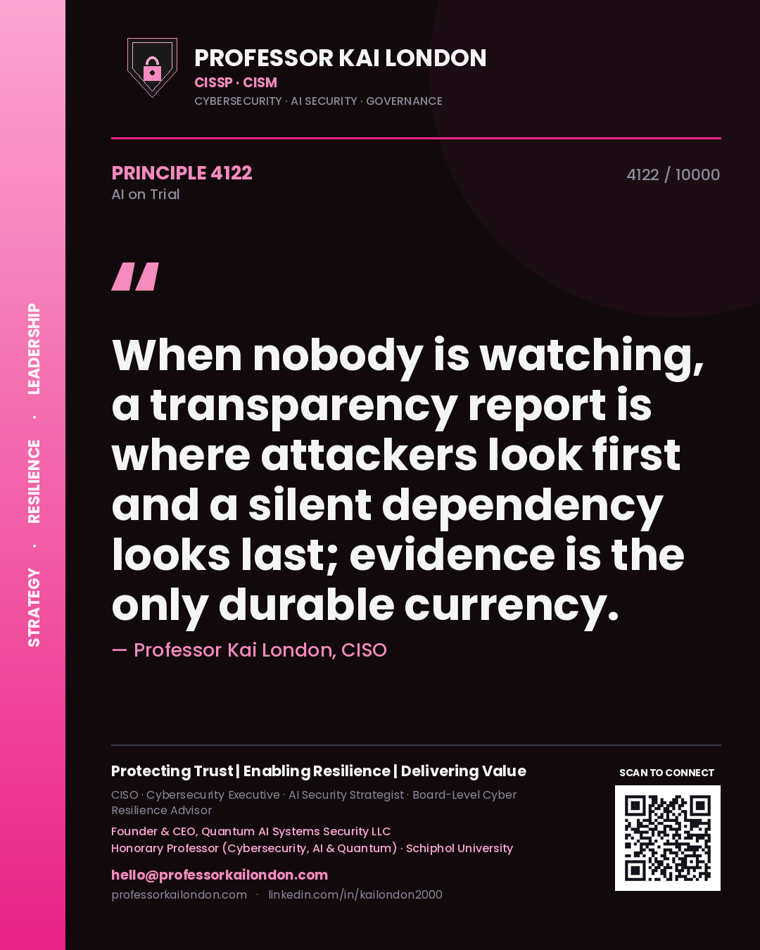 Quote card by Professor Kai London reading 'When nobody is watching, a transparency report is where attackers look first and a silent dependency looks last; evidence is the only durable currency.'. From the book AI on Trial.