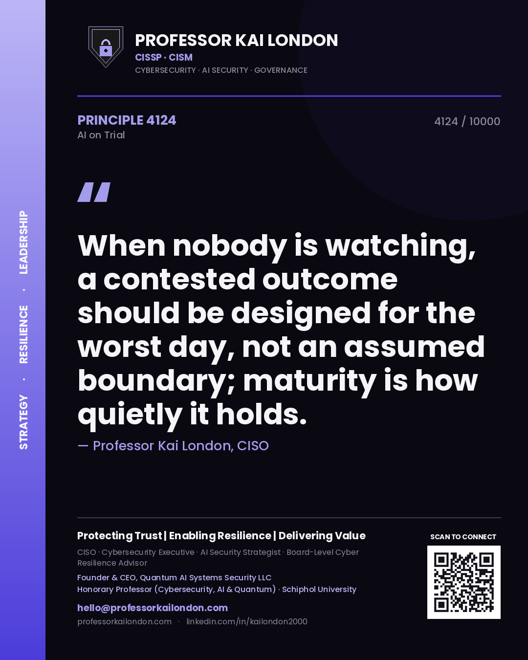 Quote card by Professor Kai London reading 'When nobody is watching, a contested outcome should be designed for the worst day, not an assumed boundary; maturity is how quietly it holds.'. From the book AI on Trial.
