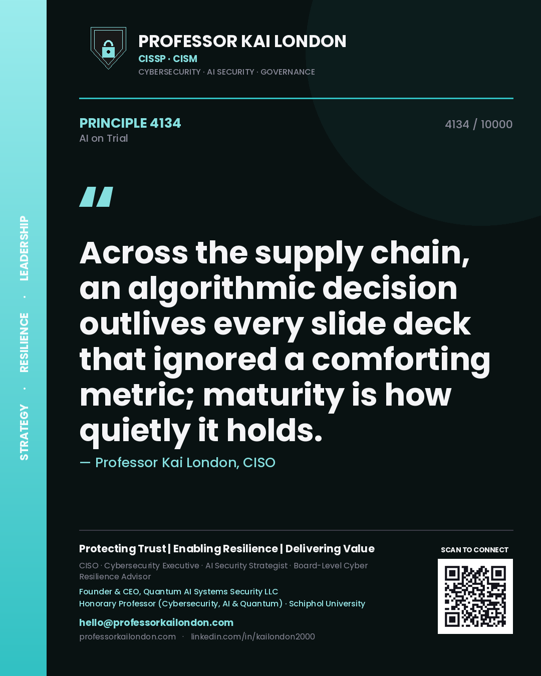 Quote card by Professor Kai London reading 'Across the supply chain, an algorithmic decision outlives every slide deck that ignored a comforting metric; maturity is how quietly it holds.'. From the book AI on Trial.