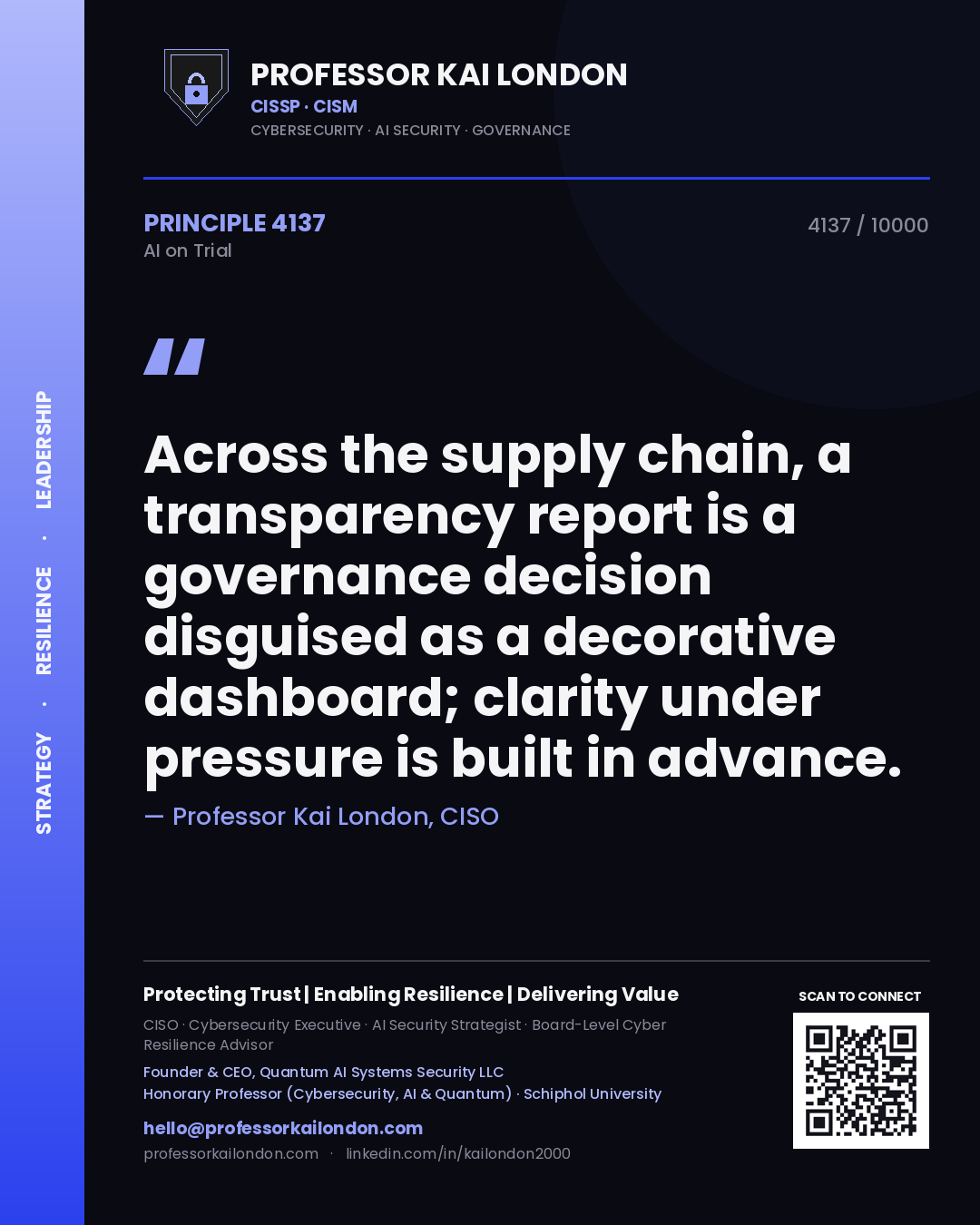 Quote card by Professor Kai London reading 'Across the supply chain, a transparency report is a governance decision disguised as a decorative dashboard; clarity under pressure is built in advance.'. From the book AI on Trial.