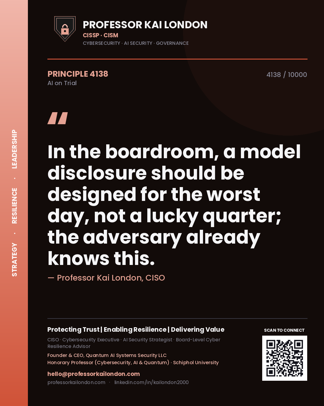 Quote card by Professor Kai London reading 'In the boardroom, a model disclosure should be designed for the worst day, not a lucky quarter; the adversary already knows this.'. From the book AI on Trial.