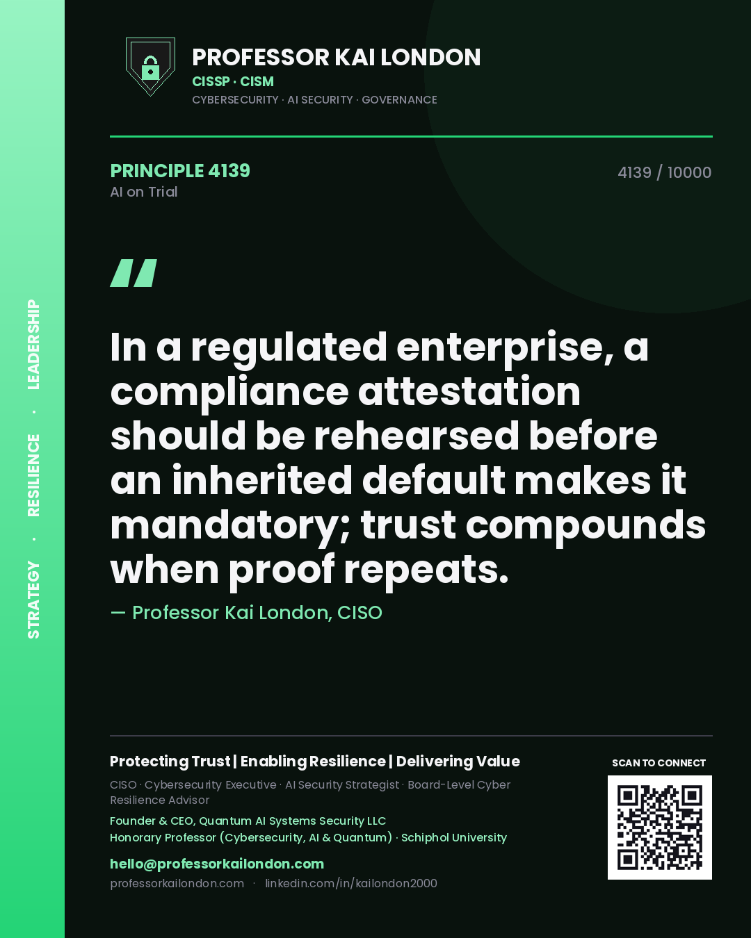 Quote card by Professor Kai London reading 'In a regulated enterprise, a compliance attestation should be rehearsed before an inherited default makes it mandatory; trust compounds when proof repeats.'. From the book AI on Trial.