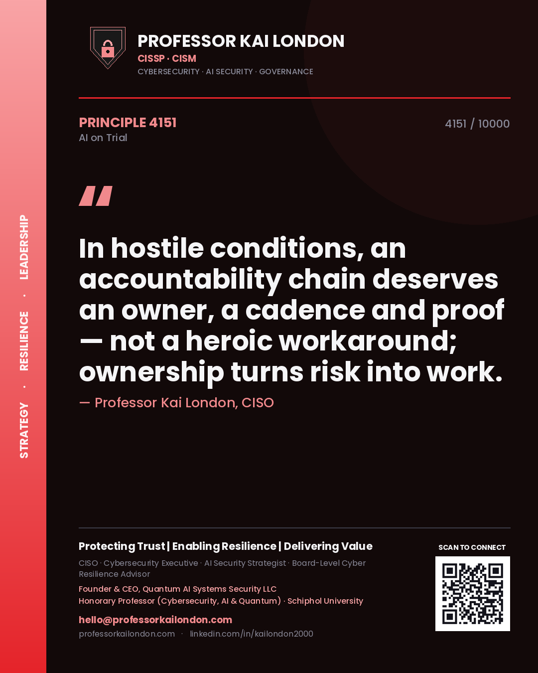Quote card by Professor Kai London reading 'In hostile conditions, an accountability chain deserves an owner, a cadence and proof — not a heroic workaround; ownership turns risk into work.'. From the book AI on Trial.