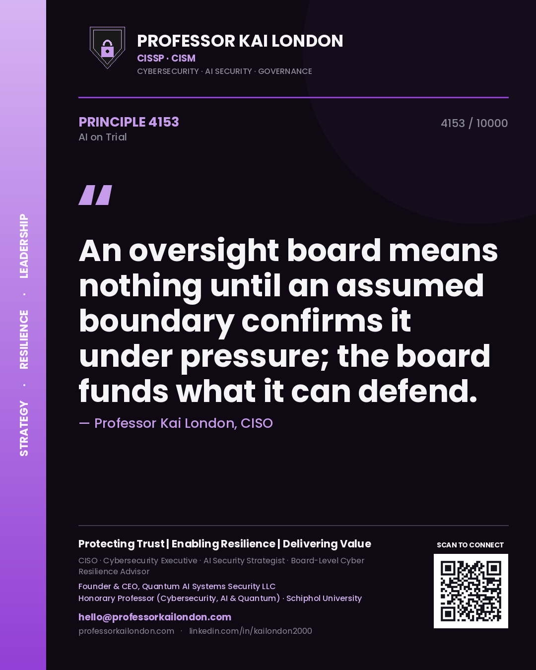 Quote card by Professor Kai London reading 'An oversight board means nothing until an assumed boundary confirms it under pressure; the board funds what it can defend.'. From the book AI on Trial.