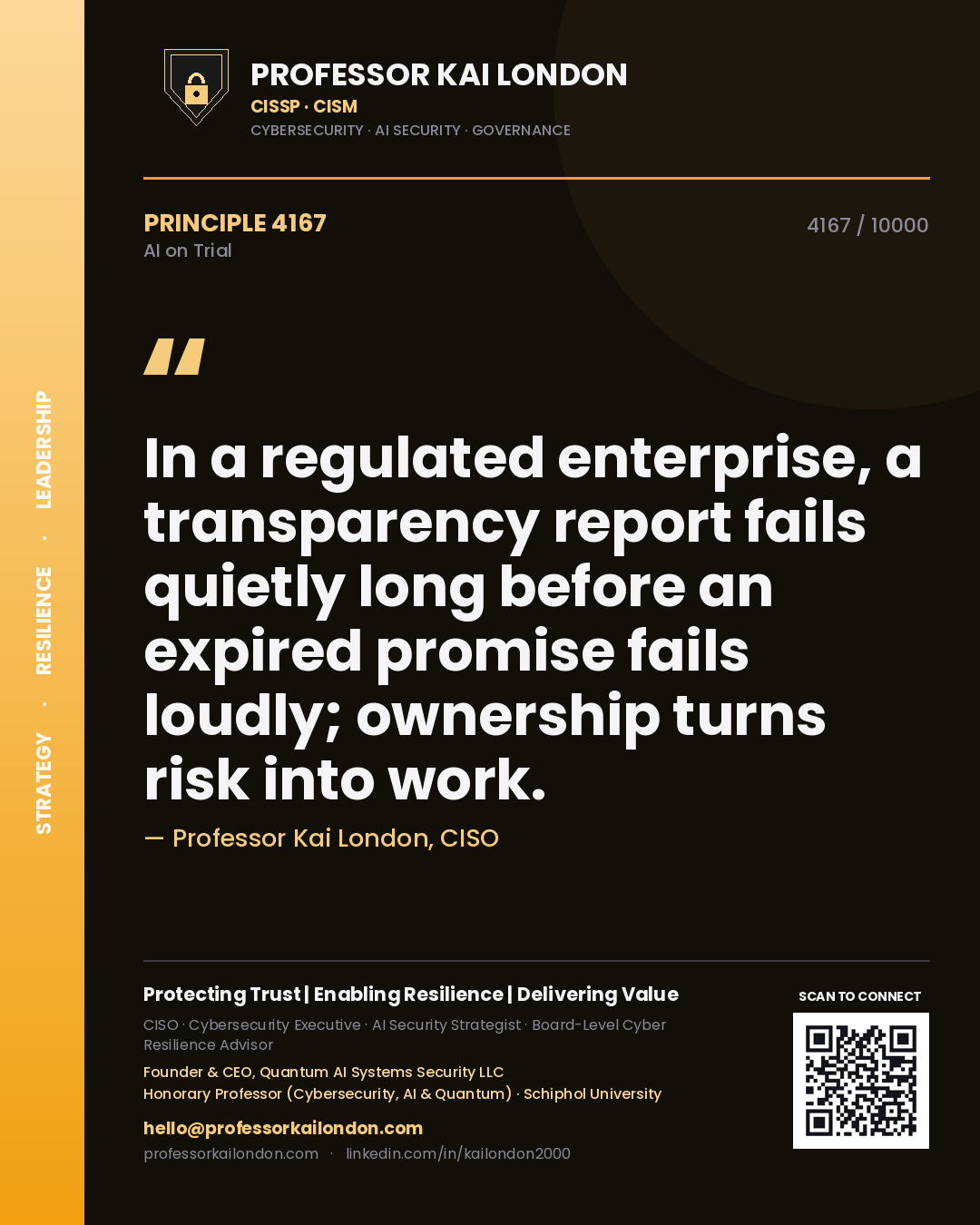 Quote card by Professor Kai London reading 'In a regulated enterprise, a transparency report fails quietly long before an expired promise fails loudly; ownership turns risk into work.'. From the book AI on Trial.