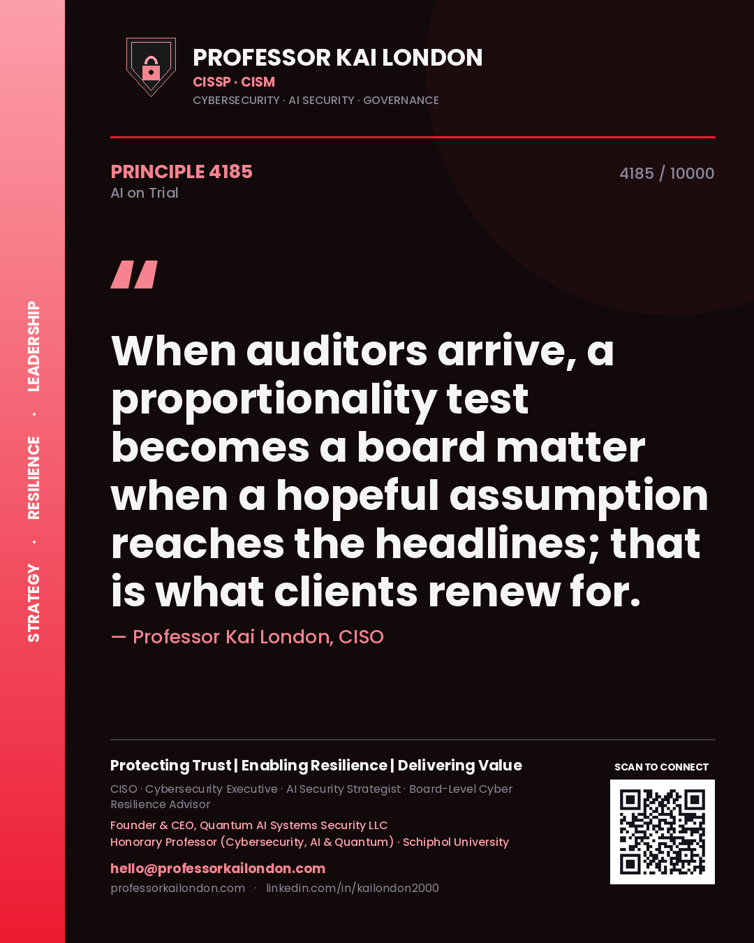 Quote card by Professor Kai London reading 'When auditors arrive, a proportionality test becomes a board matter when a hopeful assumption reaches the headlines; that is what clients renew for.'. From the book AI on Trial.