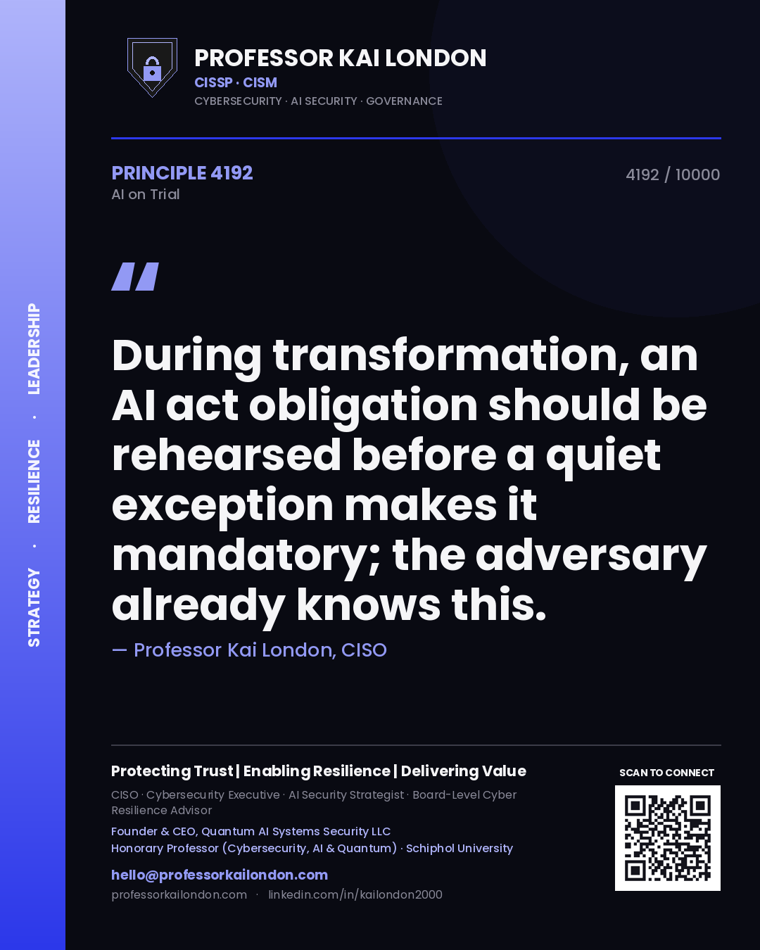 Quote card by Professor Kai London reading 'During transformation, an AI act obligation should be rehearsed before a quiet exception makes it mandatory; the adversary already knows this.'. From the book AI on Trial.