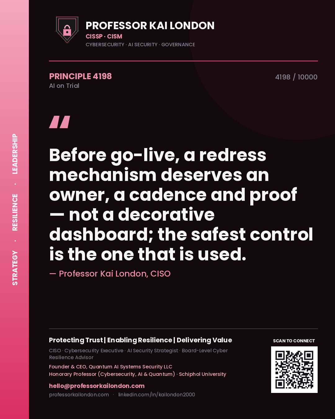Quote card by Professor Kai London reading 'Before go-live, a redress mechanism deserves an owner, a cadence and proof — not a decorative dashboard; the safest control is the one that is used.'. From the book AI on Trial.