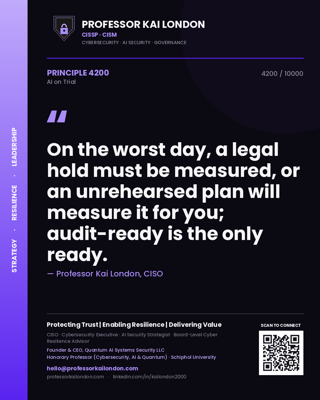 Quote card by Professor Kai London reading 'On the worst day, a legal hold must be measured, or an unrehearsed plan will measure it for you; audit-ready is the only ready.'. From the book AI on Trial.