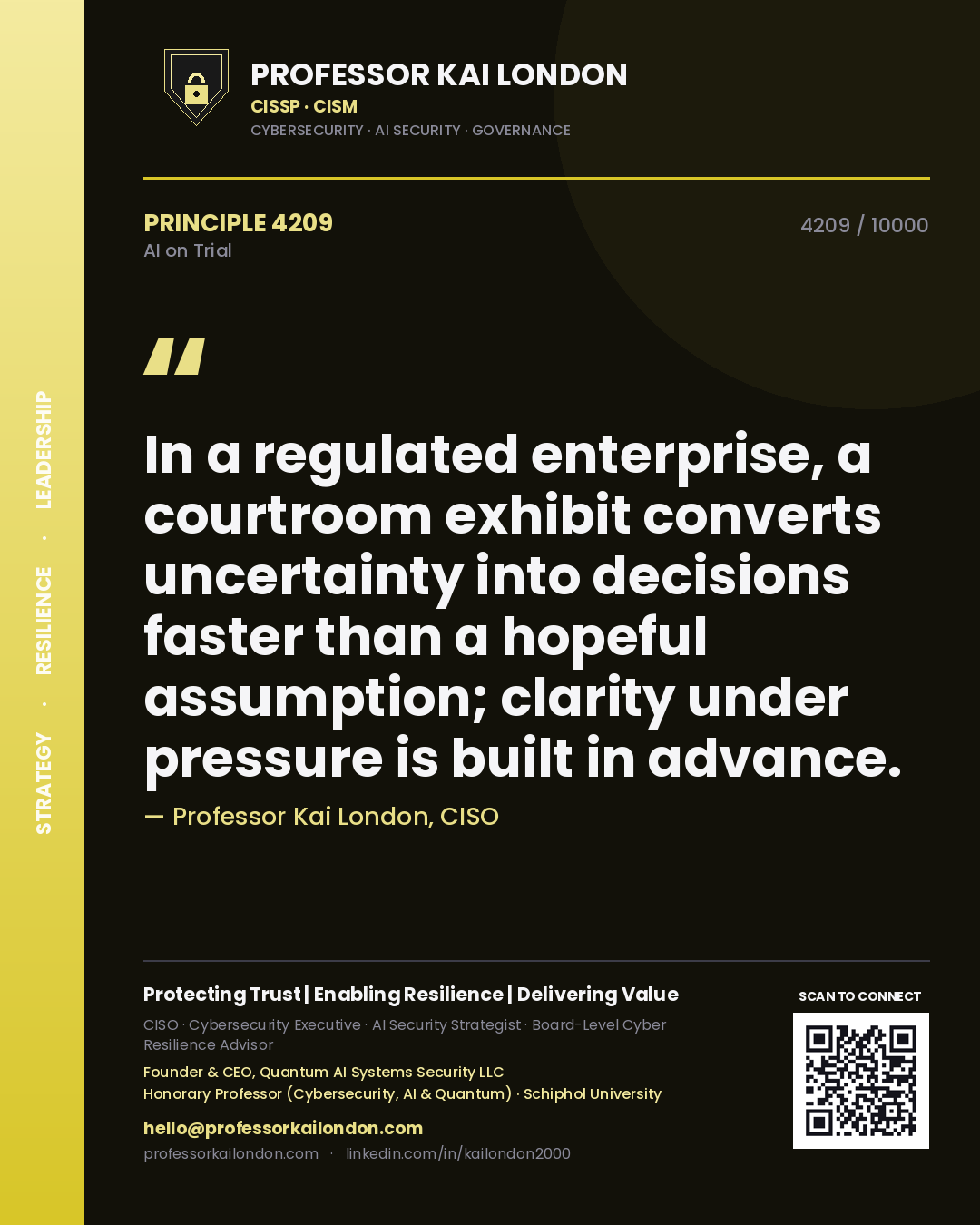Quote card by Professor Kai London reading 'In a regulated enterprise, a courtroom exhibit converts uncertainty into decisions faster than a hopeful assumption; clarity under pressure is built in advance.'. From the book AI on Trial.