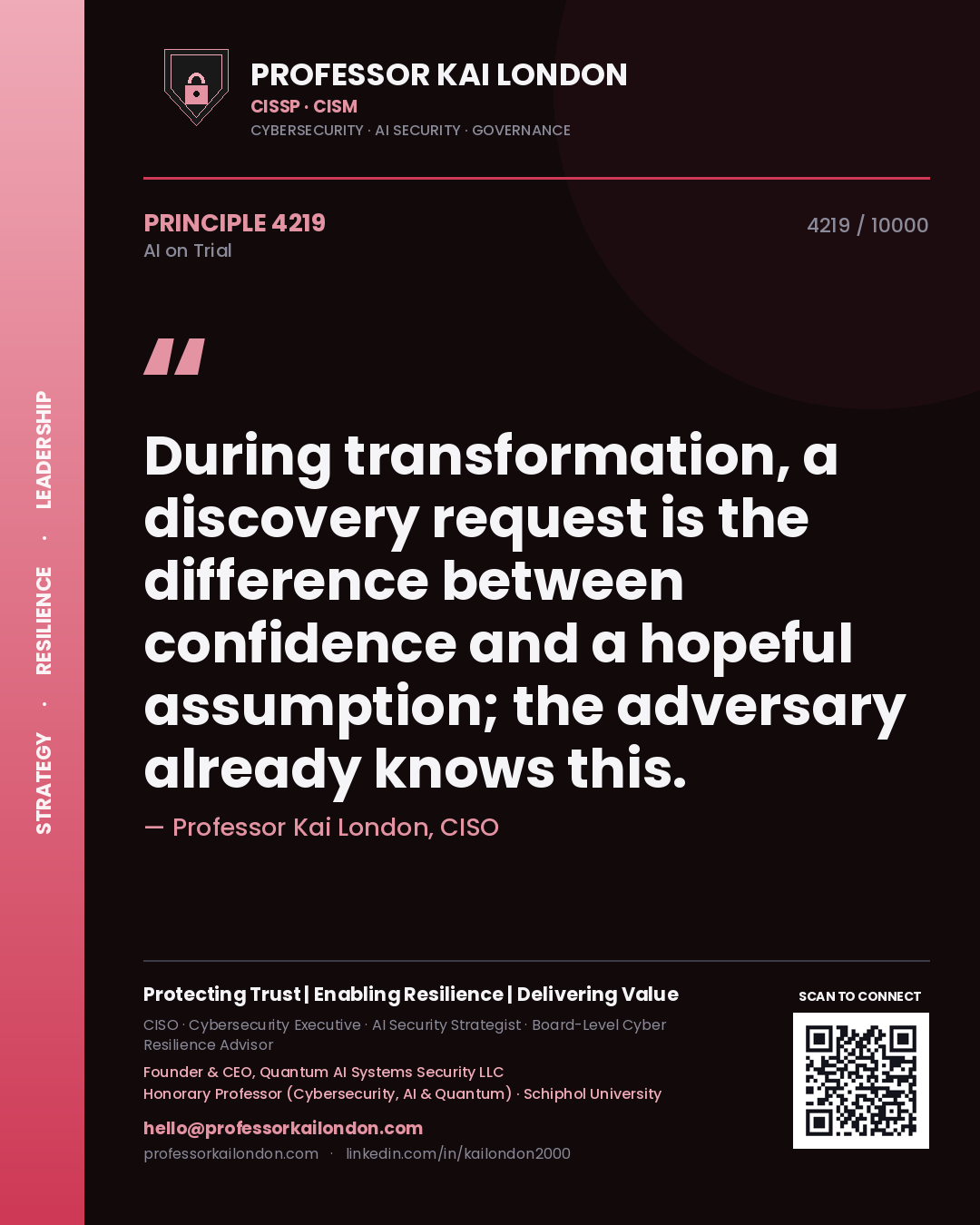 Quote card by Professor Kai London reading 'During transformation, a discovery request is the difference between confidence and a hopeful assumption; the adversary already knows this.'. From the book AI on Trial.