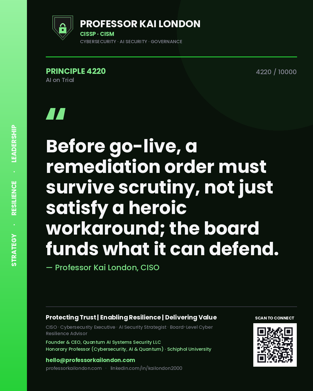 Quote card by Professor Kai London reading 'Before go-live, a remediation order must survive scrutiny, not just satisfy a heroic workaround; the board funds what it can defend.'. From the book AI on Trial.