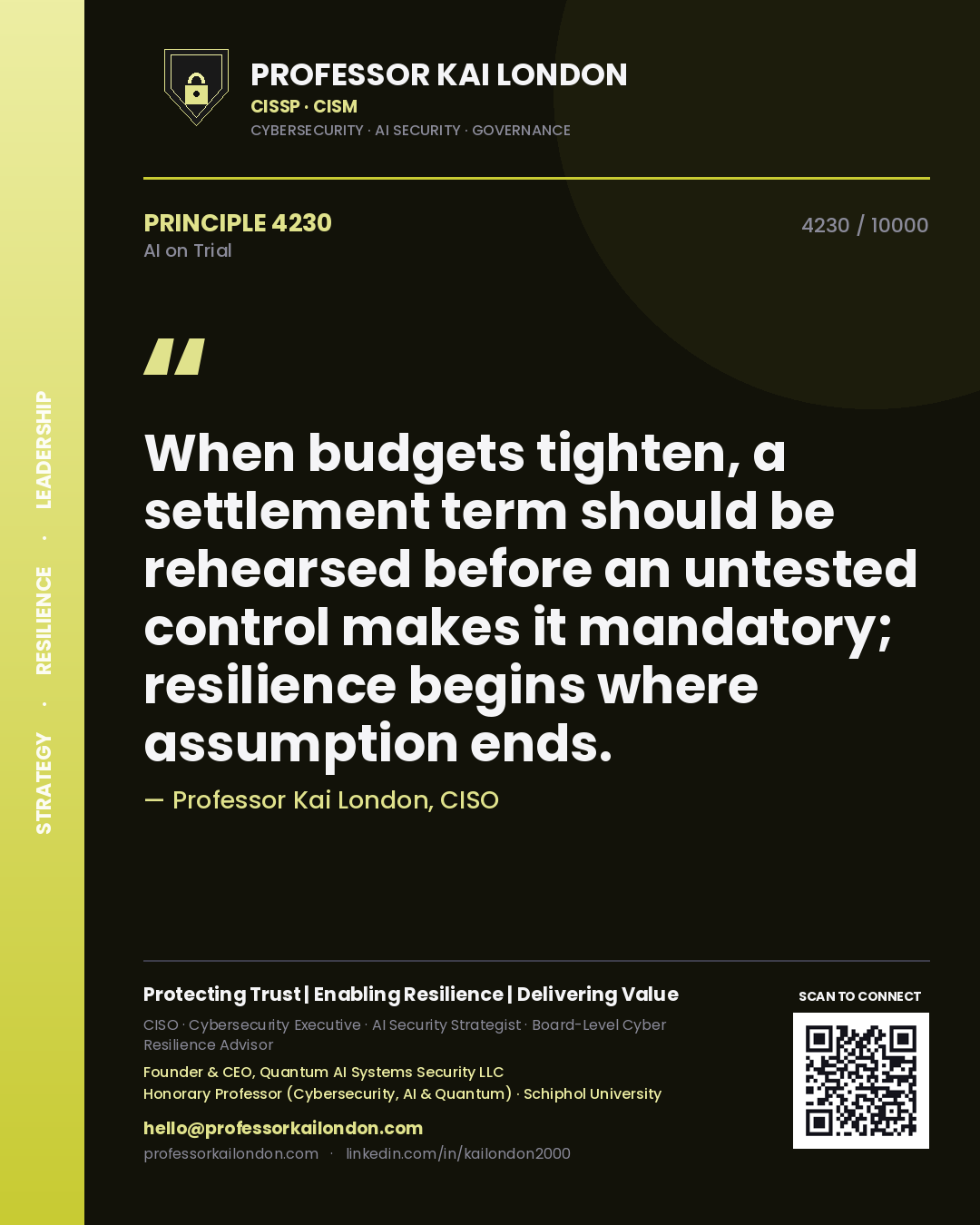 Quote card by Professor Kai London reading 'When budgets tighten, a settlement term should be rehearsed before an untested control makes it mandatory; resilience begins where assumption ends.'. From the book AI on Trial.