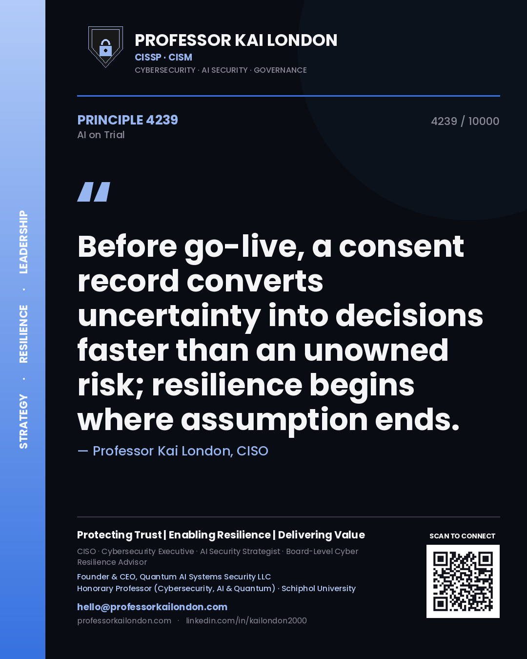 Quote card by Professor Kai London reading 'Before go-live, a consent record converts uncertainty into decisions faster than an unowned risk; resilience begins where assumption ends.'. From the book AI on Trial.