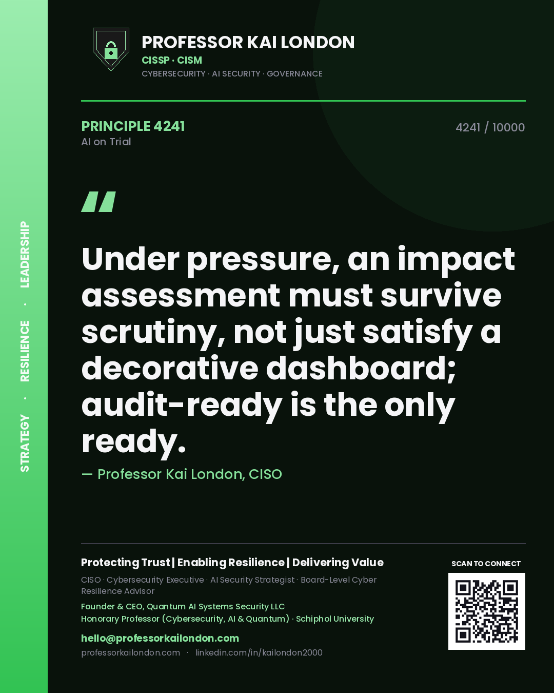 Quote card by Professor Kai London reading 'Under pressure, an impact assessment must survive scrutiny, not just satisfy a decorative dashboard; audit-ready is the only ready.'. From the book AI on Trial.
