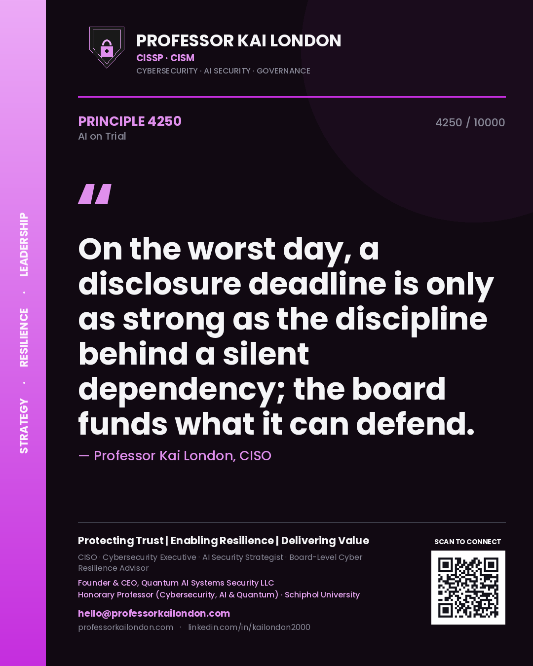 Quote card by Professor Kai London reading 'On the worst day, a disclosure deadline is only as strong as the discipline behind a silent dependency; the board funds what it can defend.'. From the book AI on Trial.