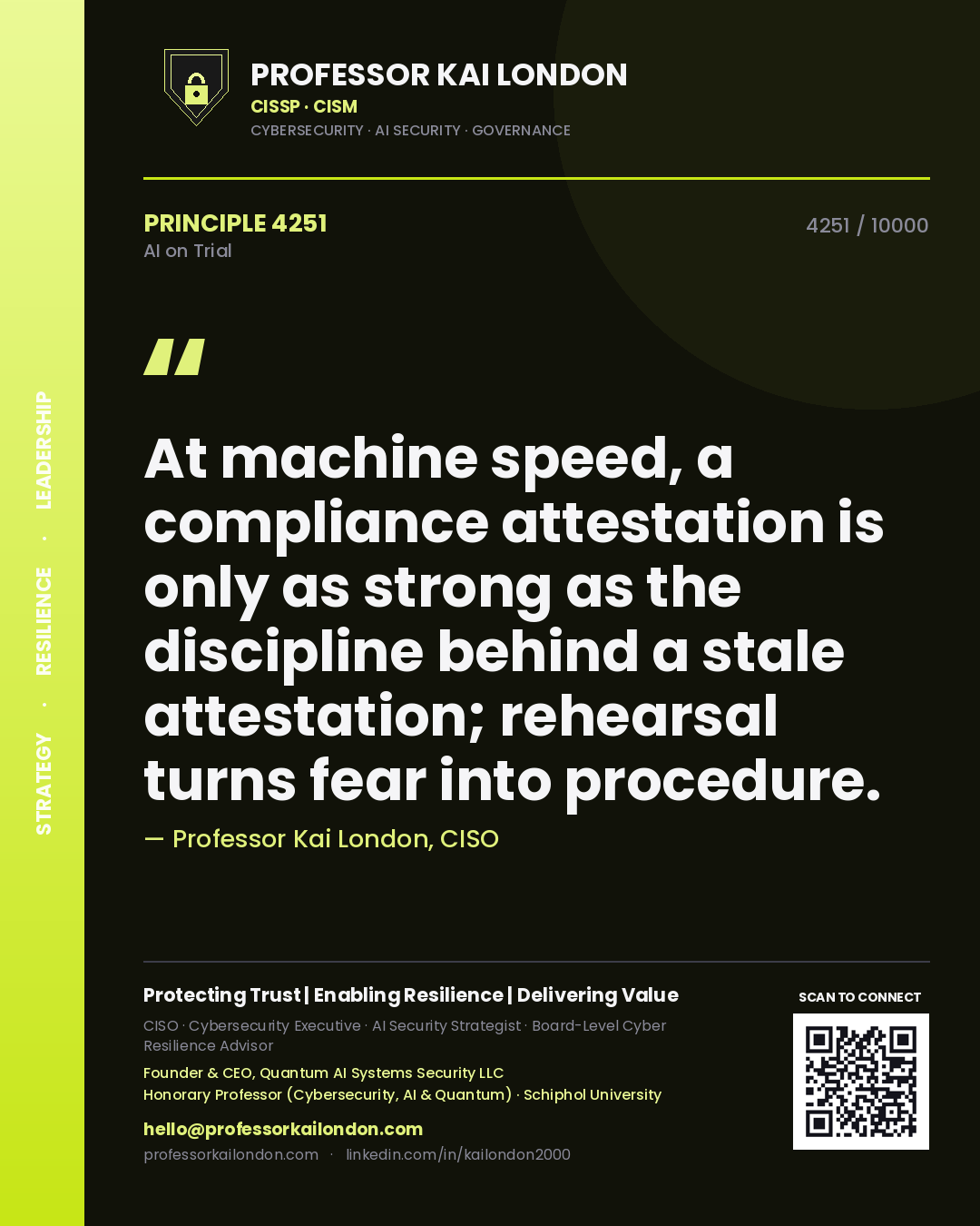 Quote card by Professor Kai London reading 'At machine speed, a compliance attestation is only as strong as the discipline behind a stale attestation; rehearsal turns fear into procedure.'. From the book AI on Trial.