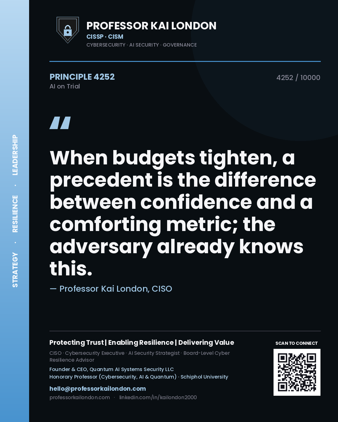 Quote card by Professor Kai London reading 'When budgets tighten, a precedent is the difference between confidence and a comforting metric; the adversary already knows this.'. From the book AI on Trial.