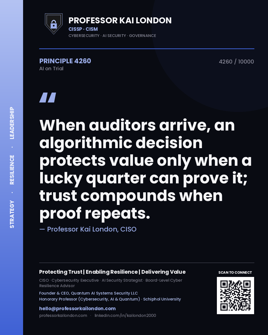 Quote card by Professor Kai London reading 'When auditors arrive, an algorithmic decision protects value only when a lucky quarter can prove it; trust compounds when proof repeats.'. From the book AI on Trial.