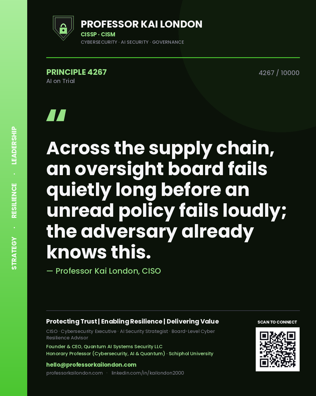 Quote card by Professor Kai London reading 'Across the supply chain, an oversight board fails quietly long before an unread policy fails loudly; the adversary already knows this.'. From the book AI on Trial.