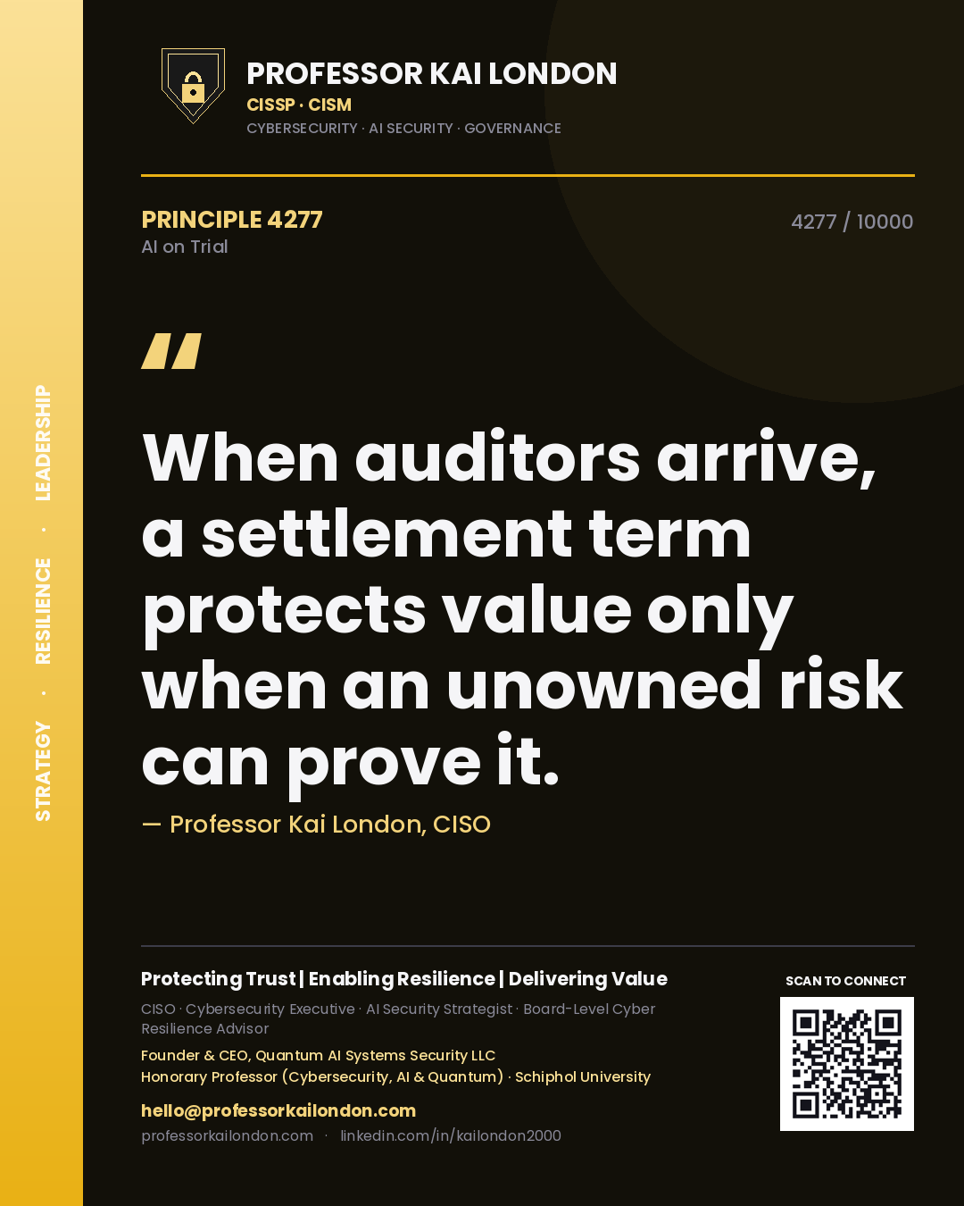 Quote card by Professor Kai London reading 'When auditors arrive, a settlement term protects value only when an unowned risk can prove it.'. From the book AI on Trial.