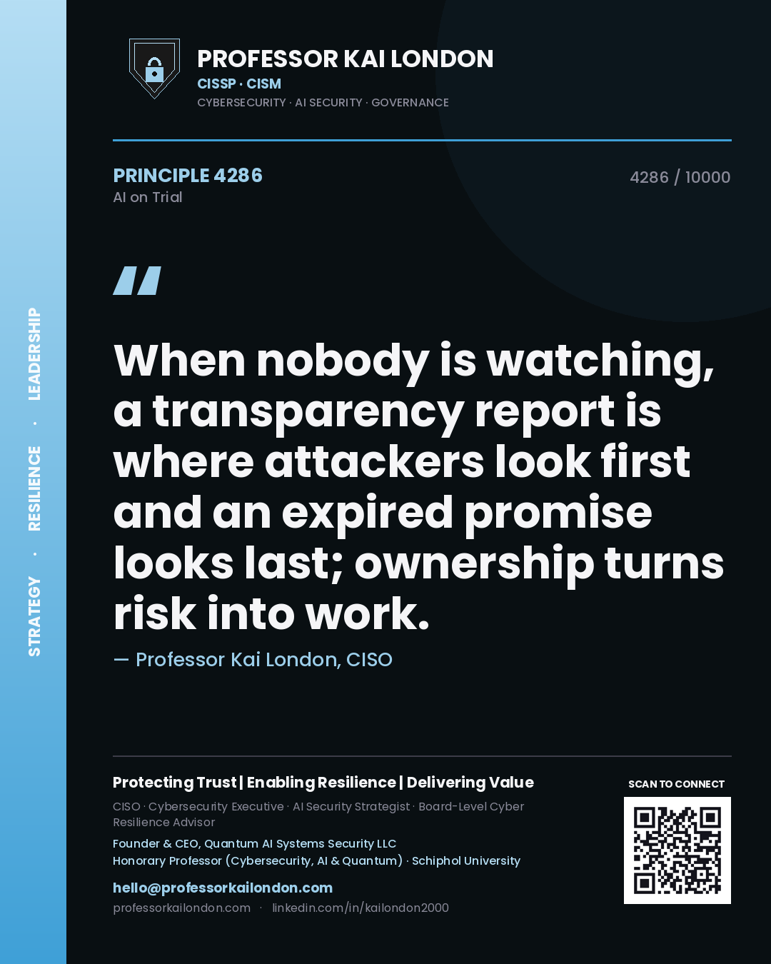 Quote card by Professor Kai London reading 'When nobody is watching, a transparency report is where attackers look first and an expired promise looks last; ownership turns risk into work.'. From the book AI on Trial.